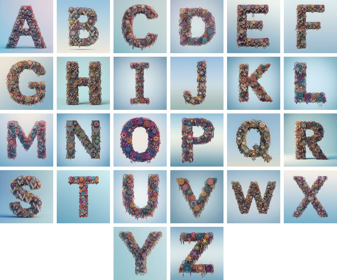 Dusty Rose Dream Catcher alphabet — all 26 letters