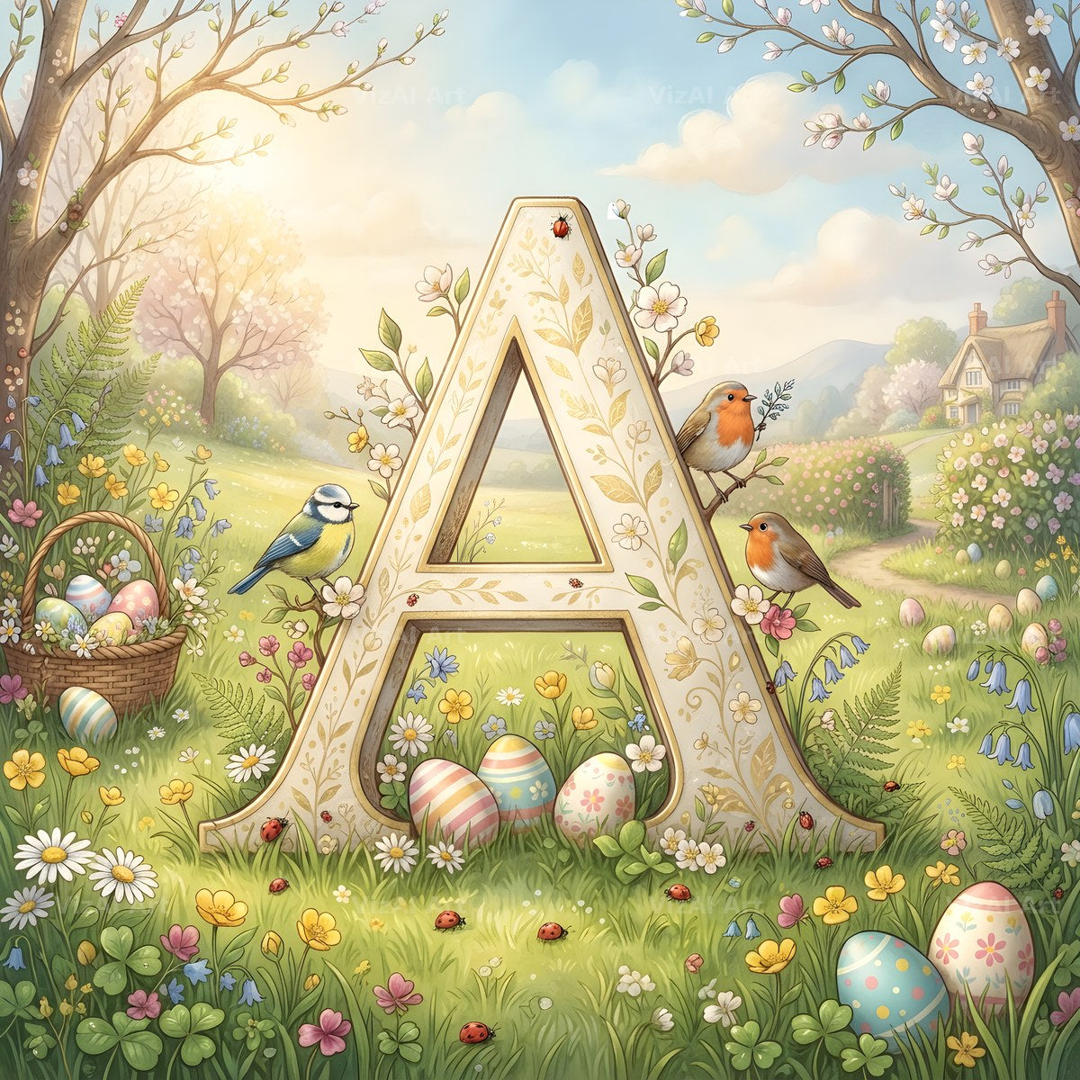 Easter Meadow Morning alphabet letter A