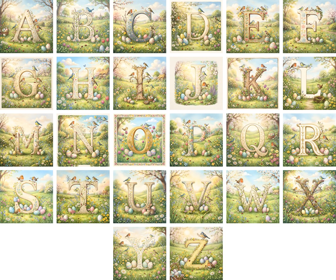 Easter Meadow Morning alphabet — all 26 letters
