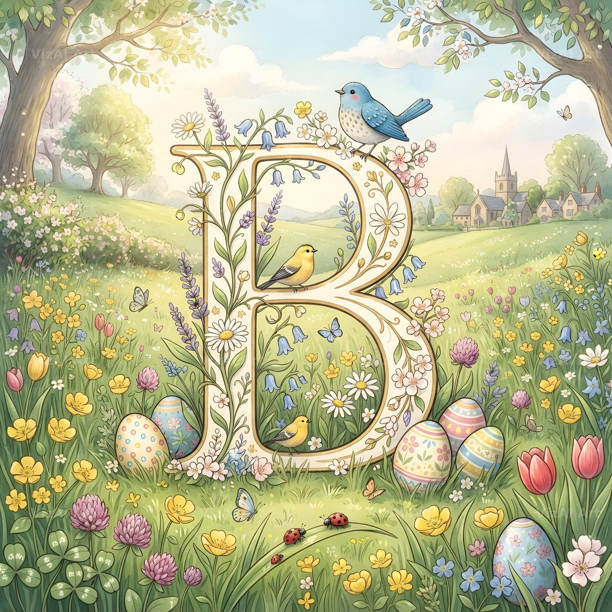 Easter Meadow Morning alphabet letter B