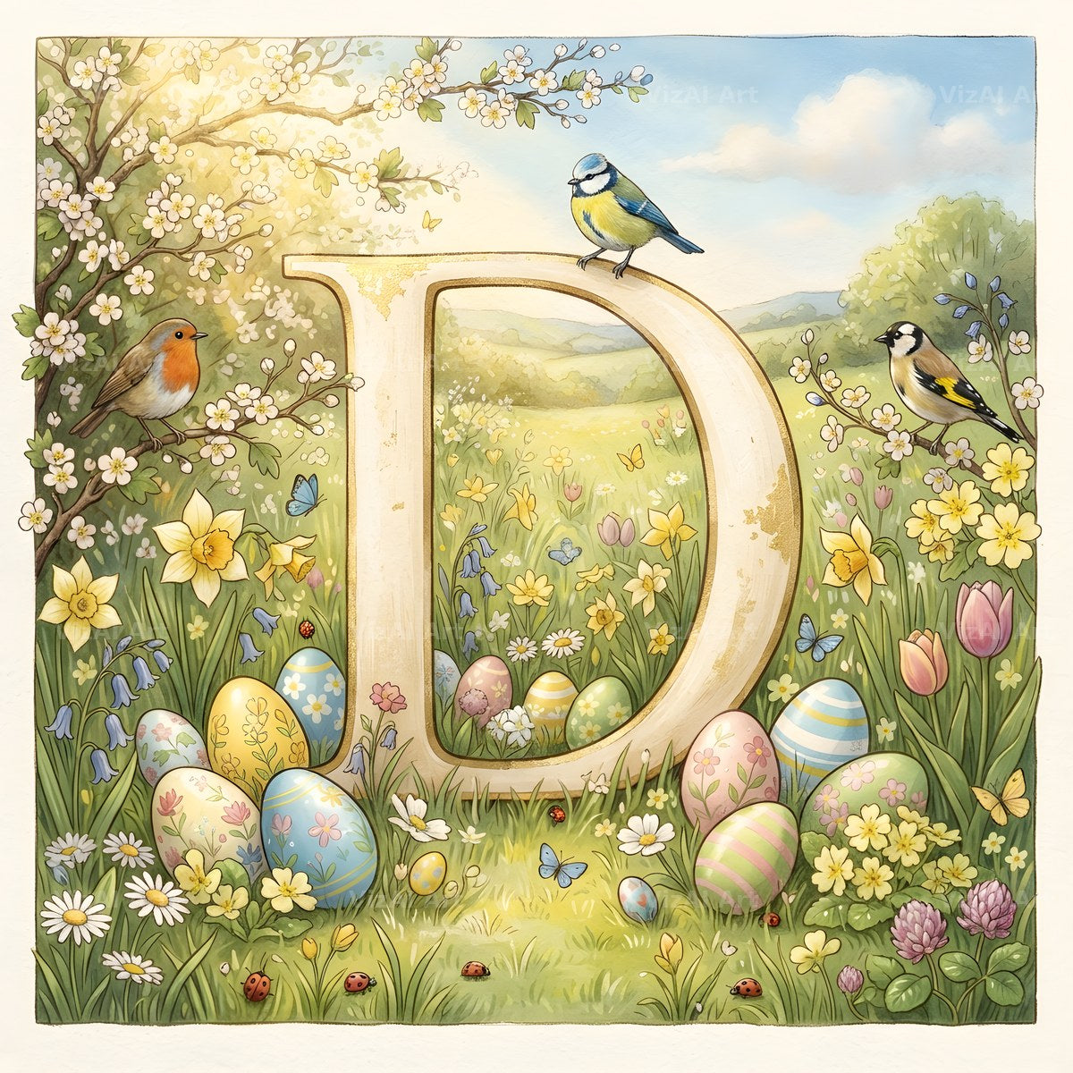 Easter Meadow Morning alphabet letter D
