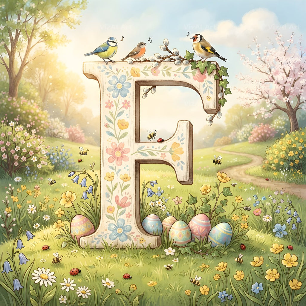 Easter Meadow Morning alphabet letter F