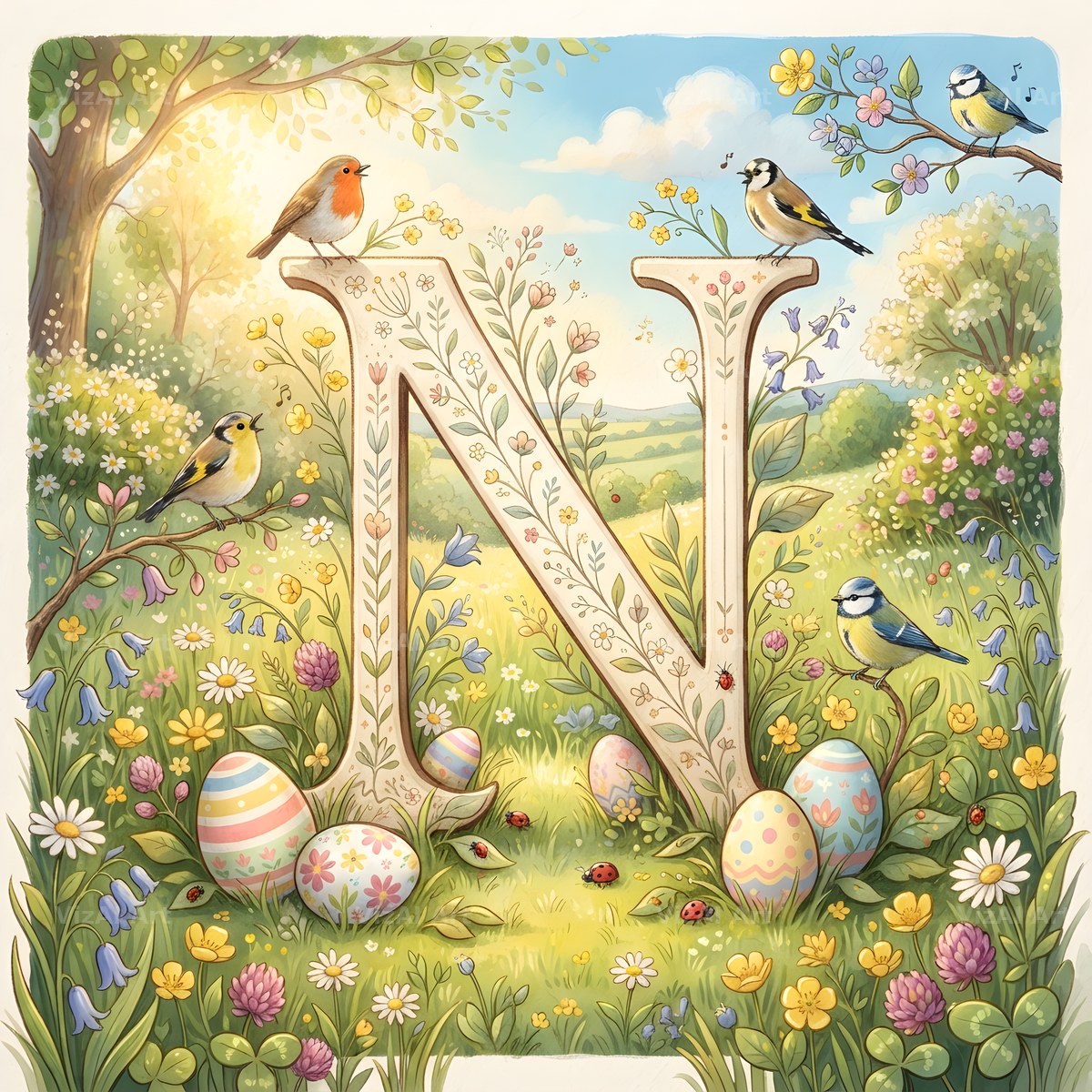 Easter Meadow Morning alphabet letter N
