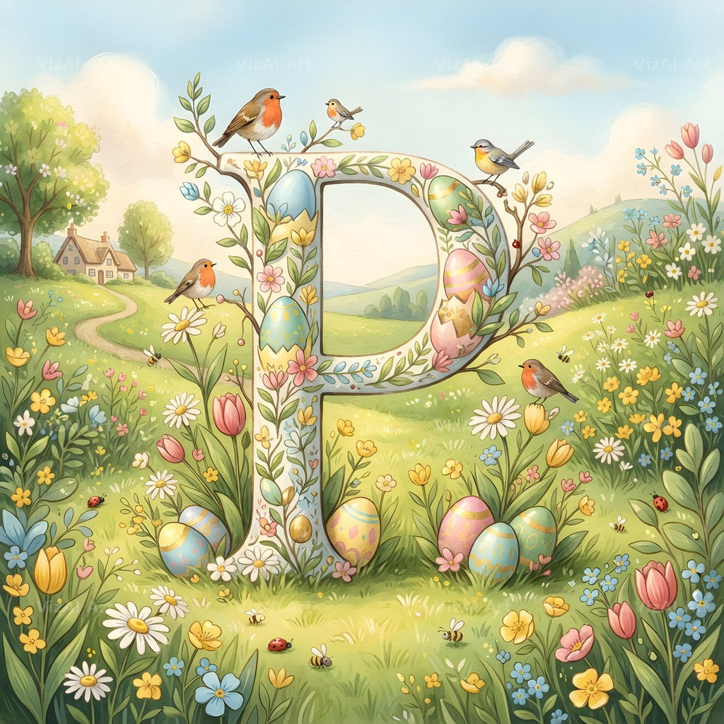 Easter Meadow Morning alphabet letter P
