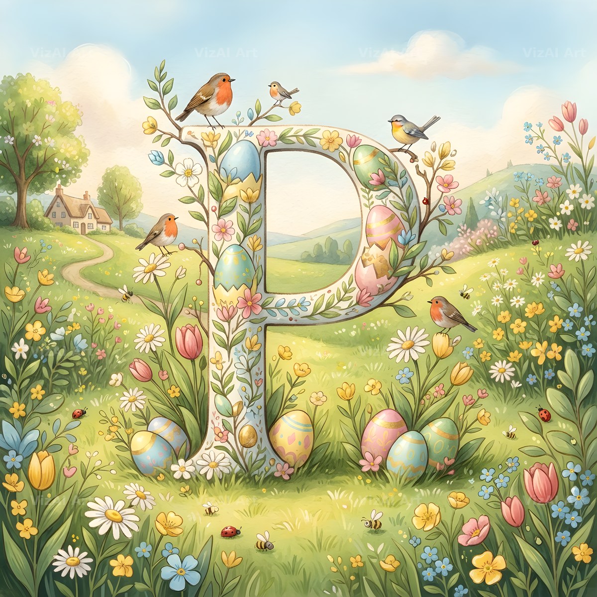 Easter Meadow Morning alphabet letter P