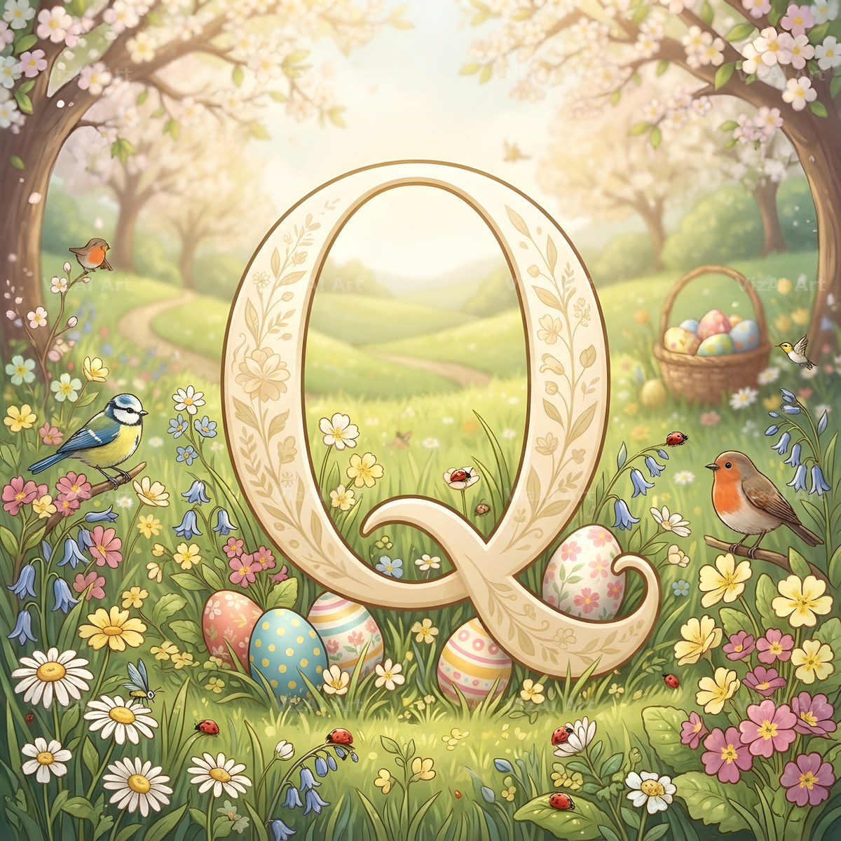 Easter Meadow Morning alphabet letter Q