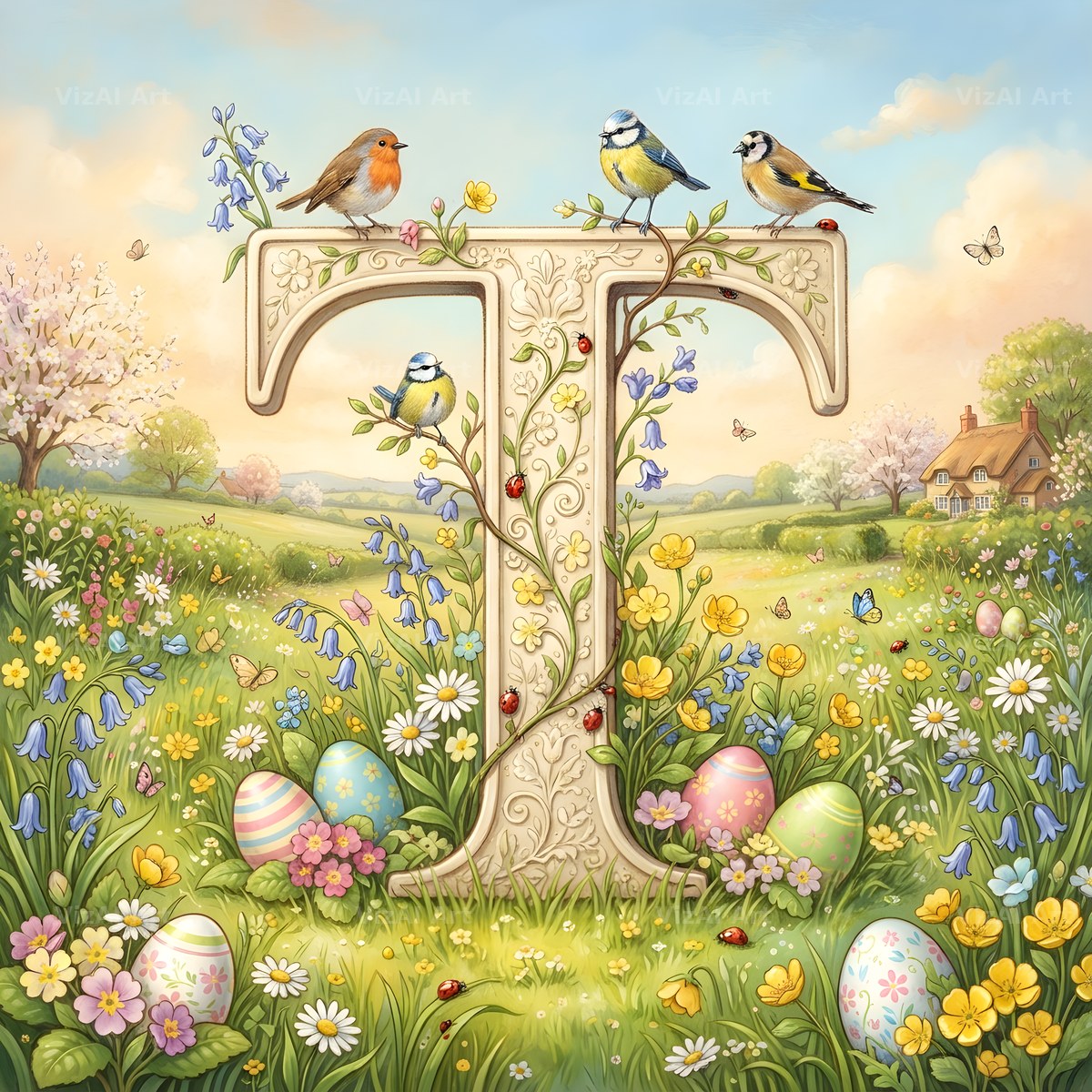 Easter Meadow Morning alphabet letter T