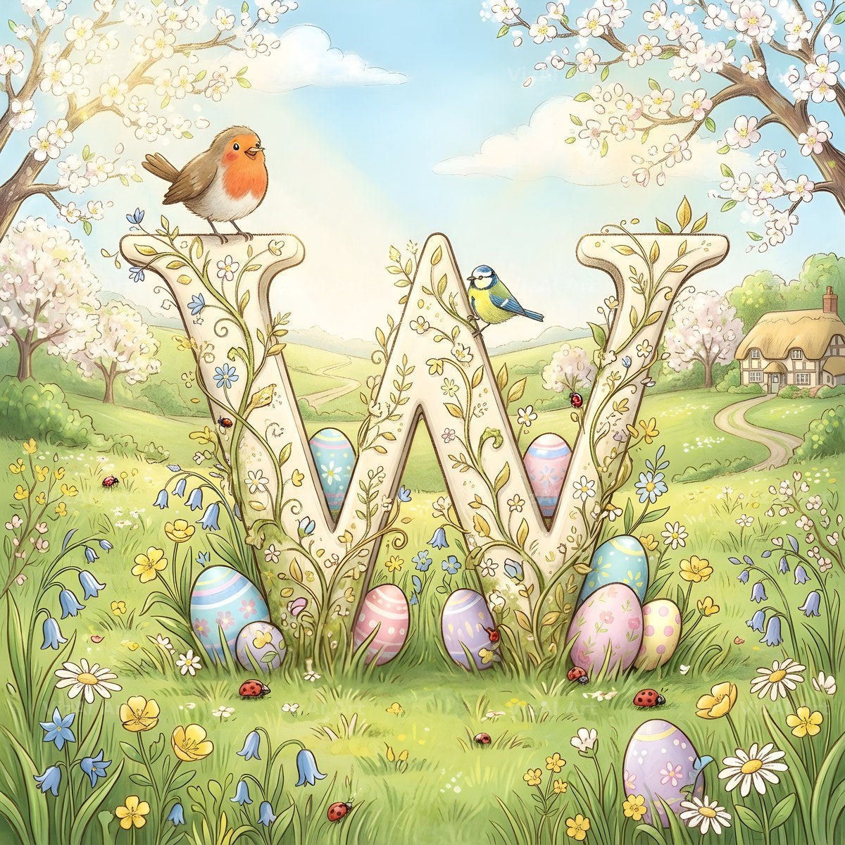 Easter Meadow Morning alphabet letter W