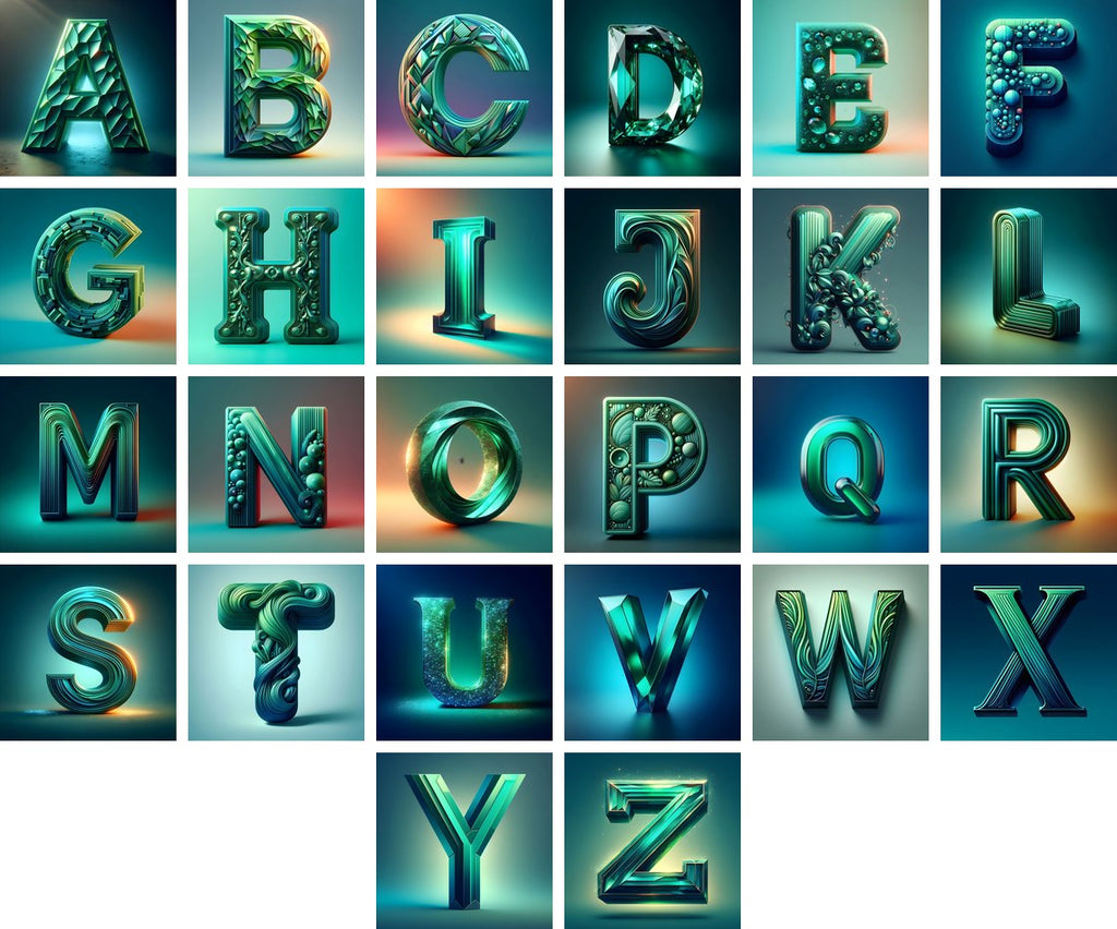 Emerald Crystal alphabet — all 26 letters