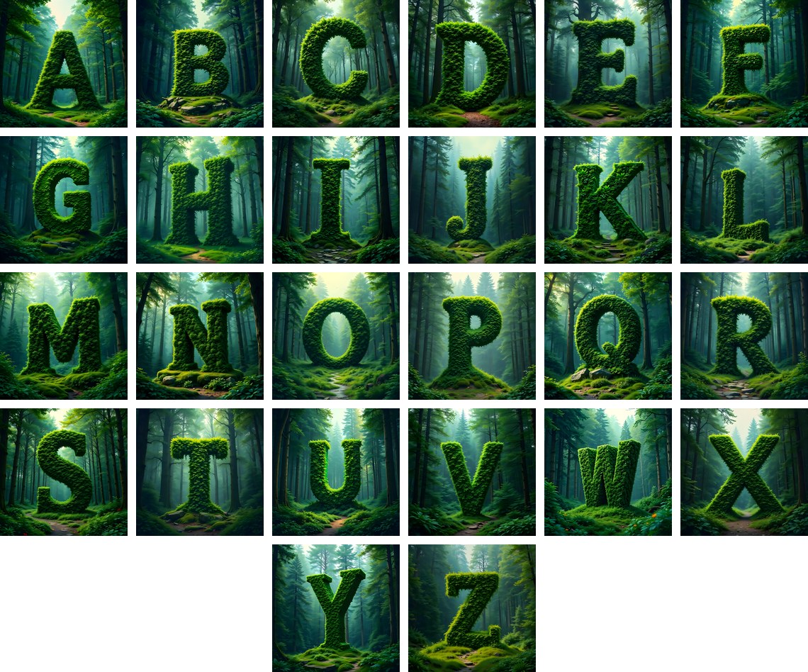 Enchanted Forest Moss alphabet — all 26 letters