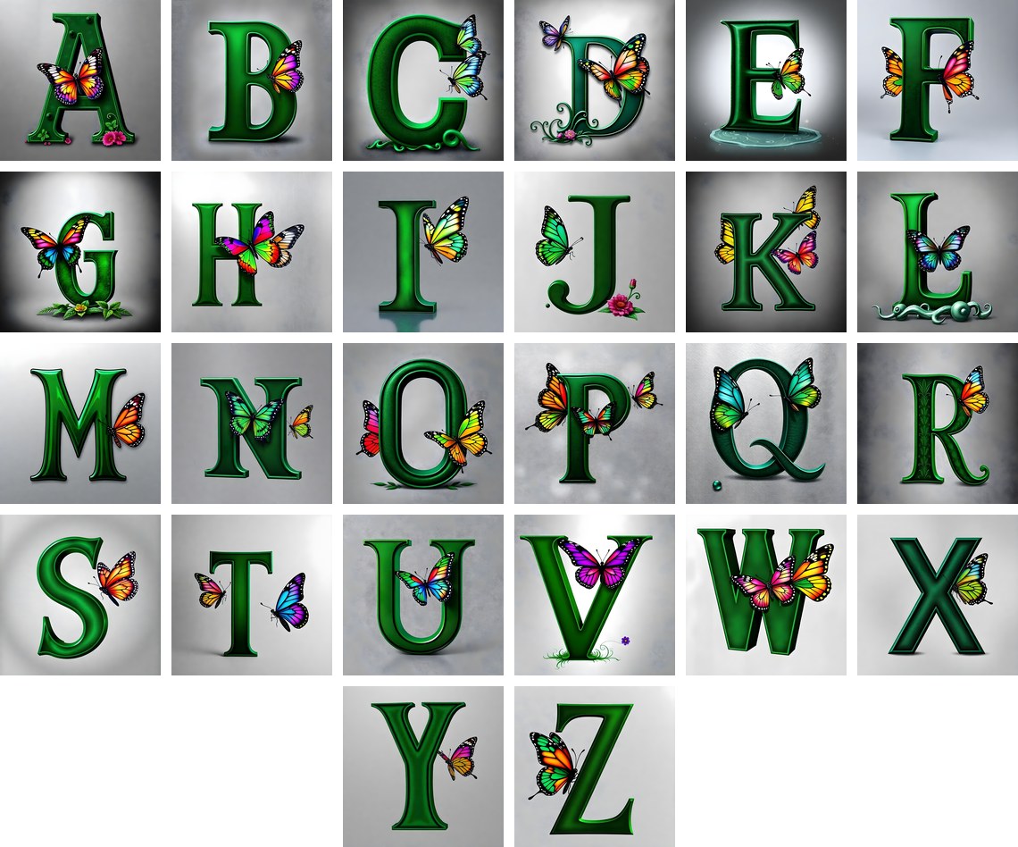 Emerald Butterfly Garden alphabet — all 26 letters