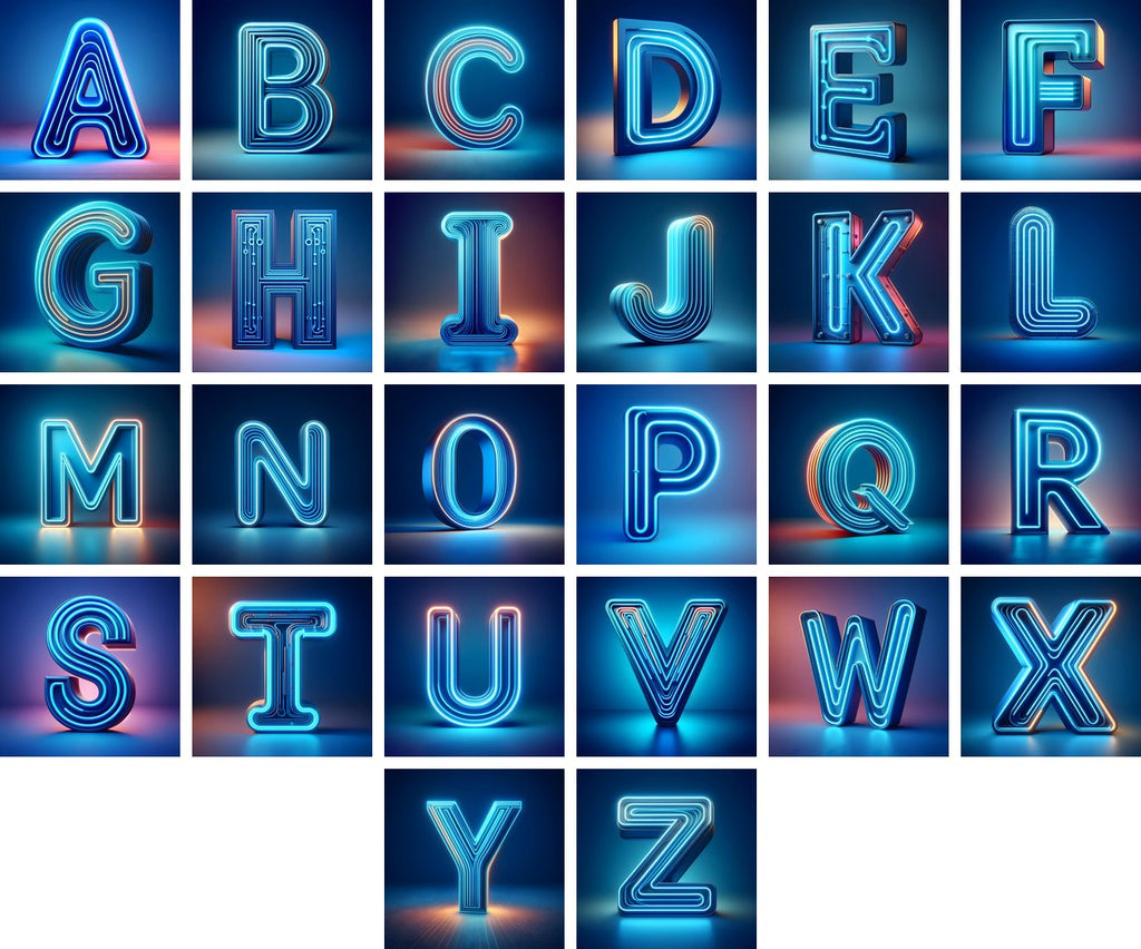 Electric Blue Neon alphabet — all 26 letters