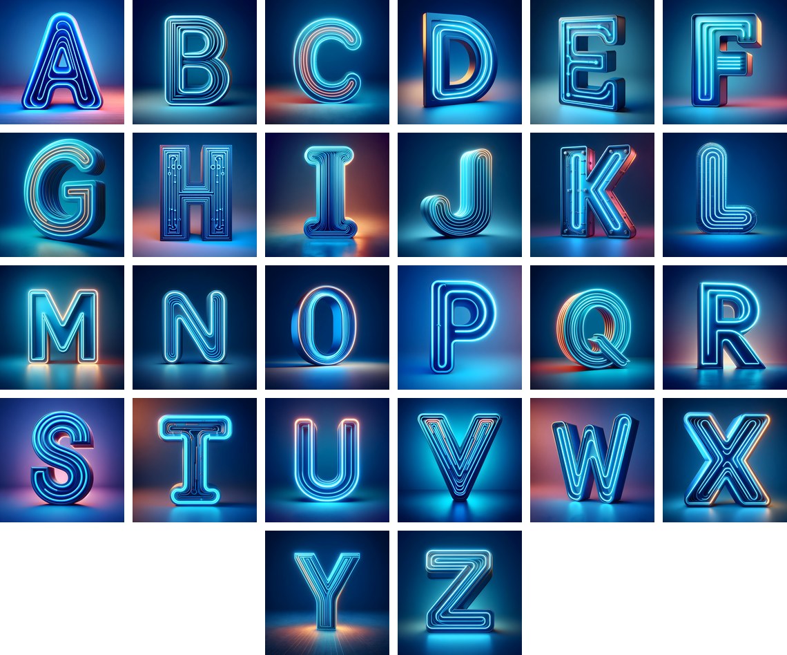 Electric Blue Neon alphabet — all 26 letters