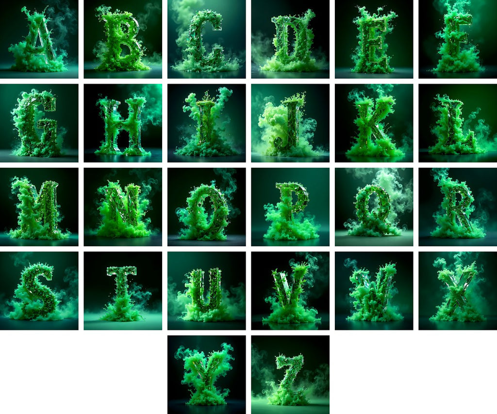 Emerald Smoke Swirl alphabet — all 26 letters