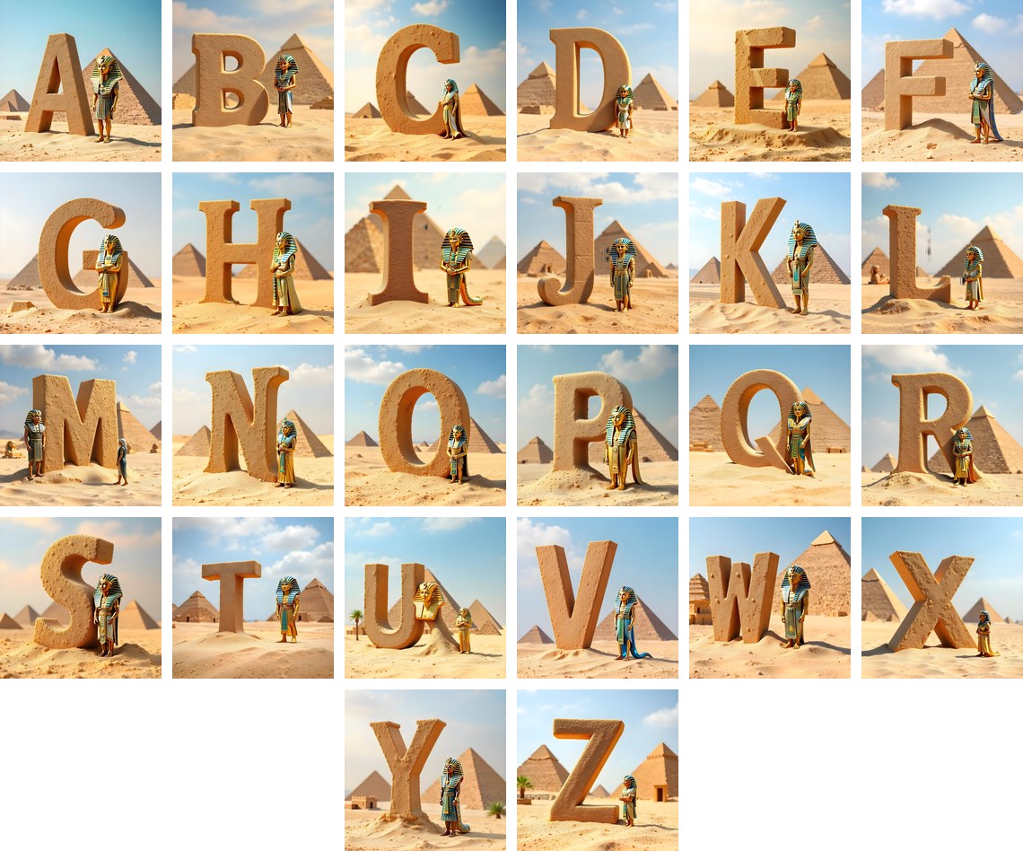Egyptian Pharaoh Sand alphabet — all 26 letters