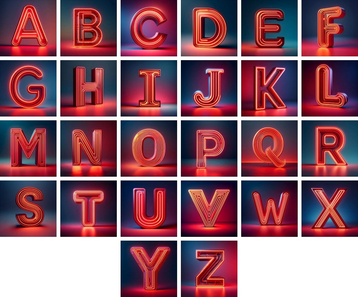 Electric Red Neon alphabet — all 26 letters