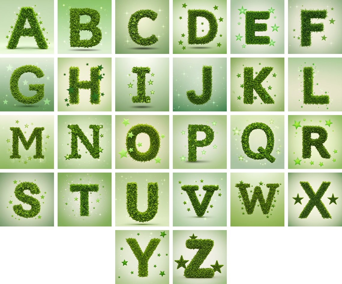Emerald Sparkle Hedge alphabet — all 26 letters