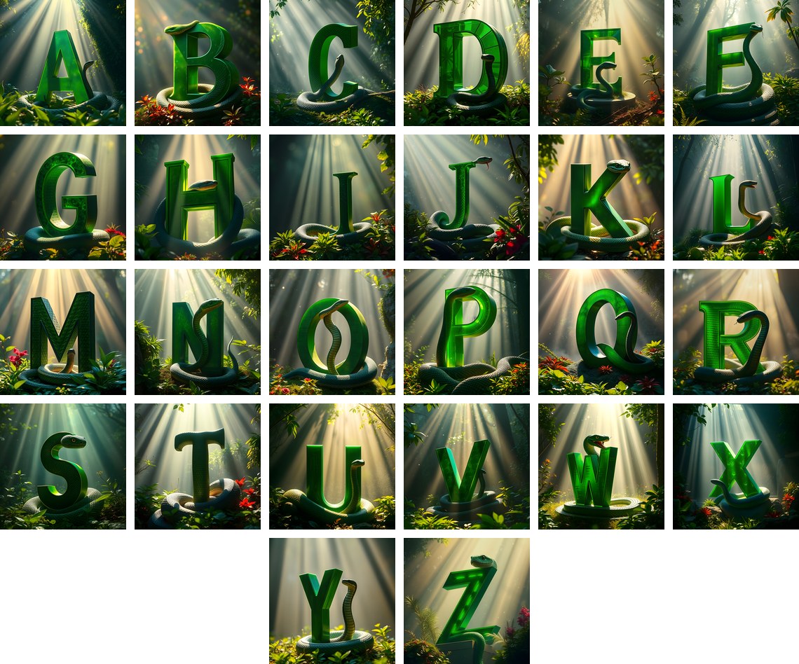Emerald Serpent alphabet — all 26 letters