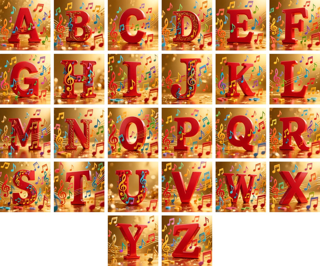 Red Note Fanfare alphabet — all 26 letters