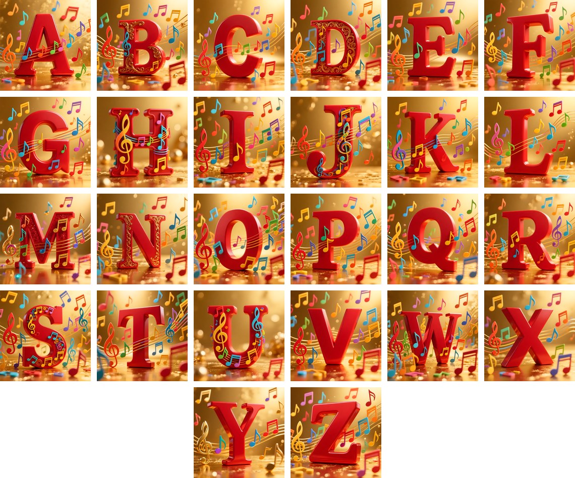 Red Note Fanfare alphabet — all 26 letters