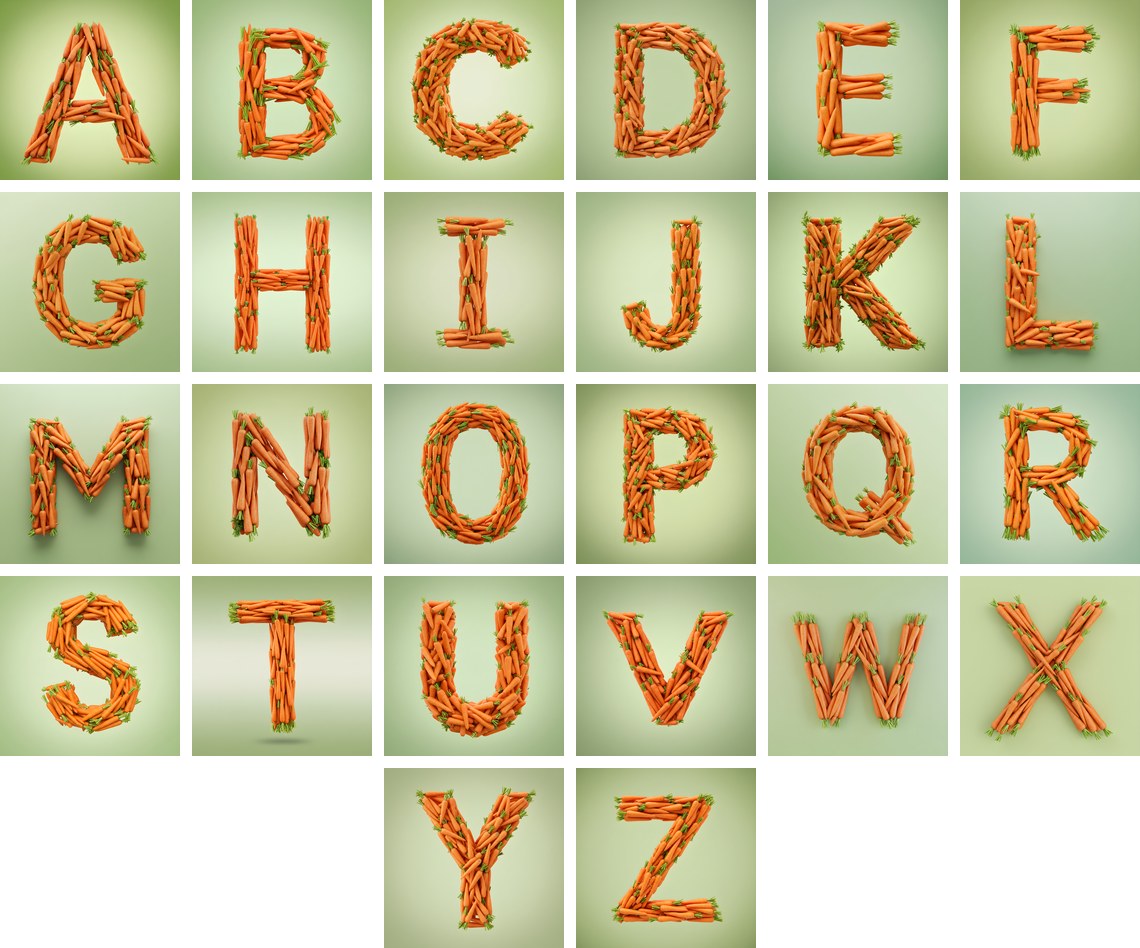 Fresh Carrot Bunch alphabet — all 26 letters