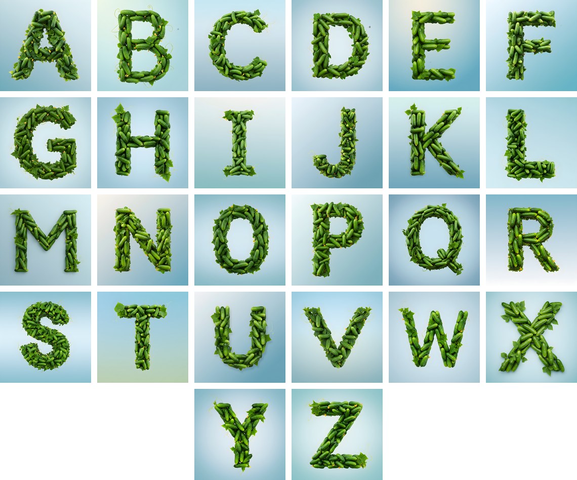 Fresh Cucumber Crunch alphabet — all 26 letters
