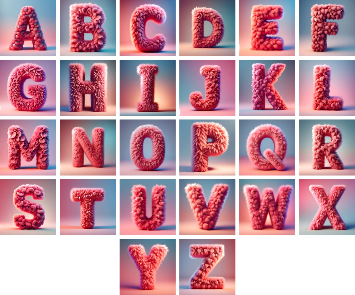 Pink Fur Fluff alphabet — all 26 letters