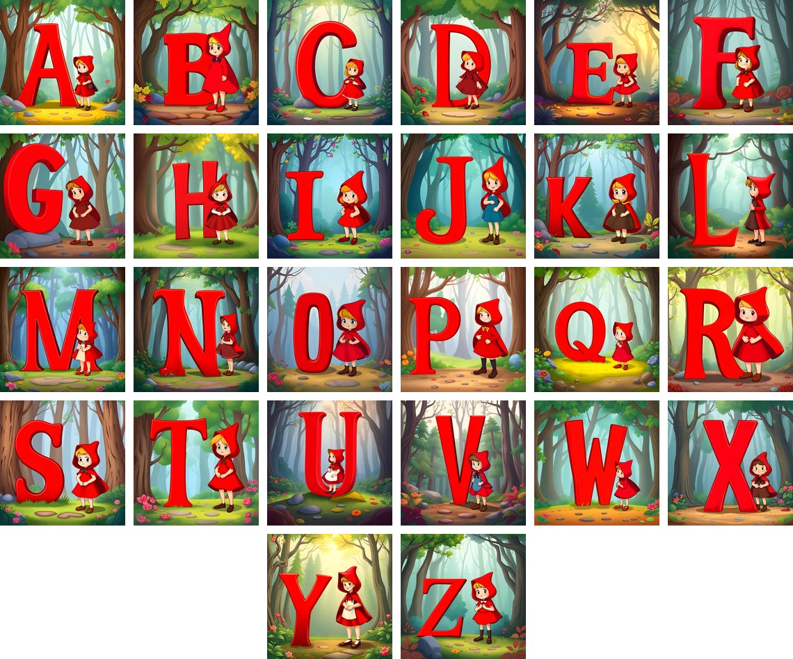Red Riding Hood Forest alphabet — all 26 letters