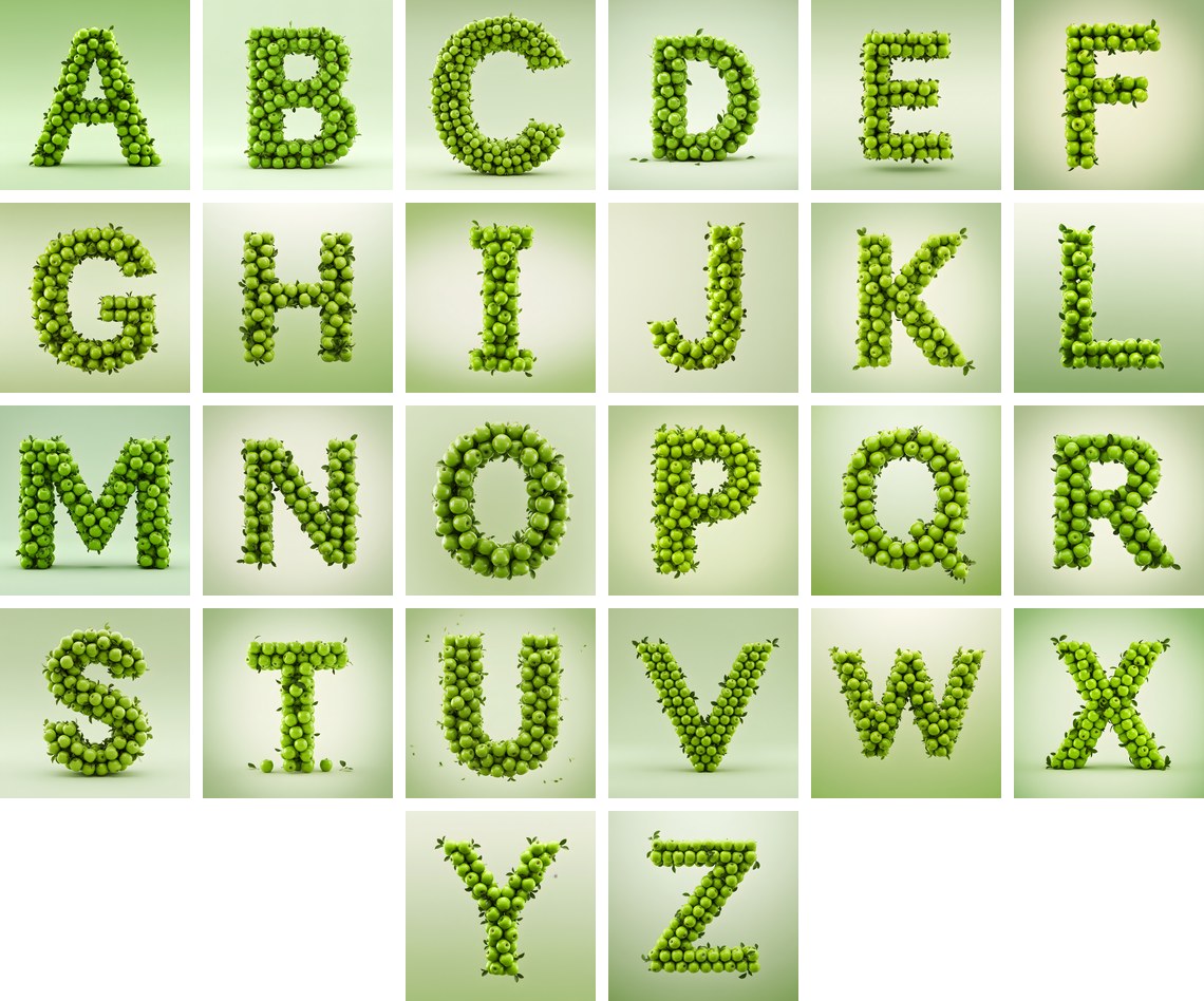 Green Apple Orchard alphabet — all 26 letters
