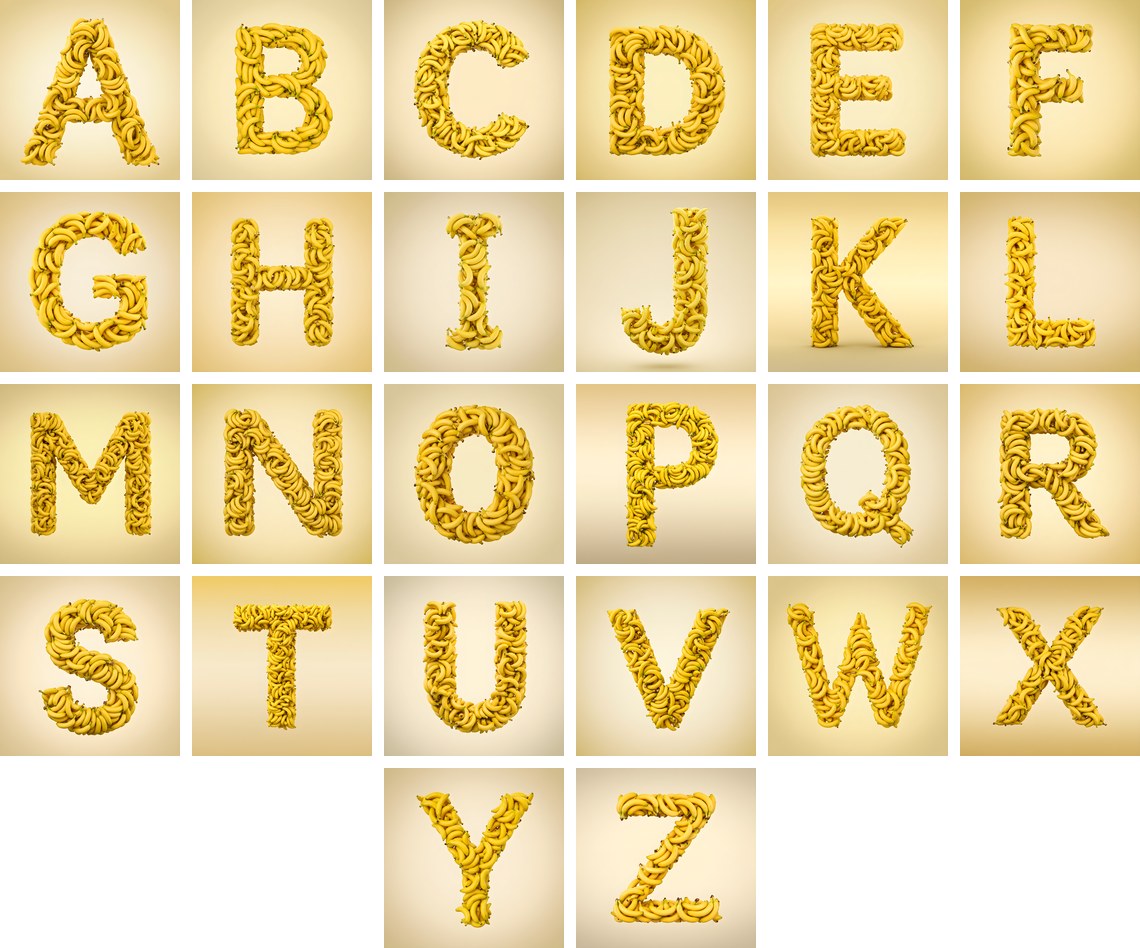 Golden Banana Bunch alphabet — all 26 letters