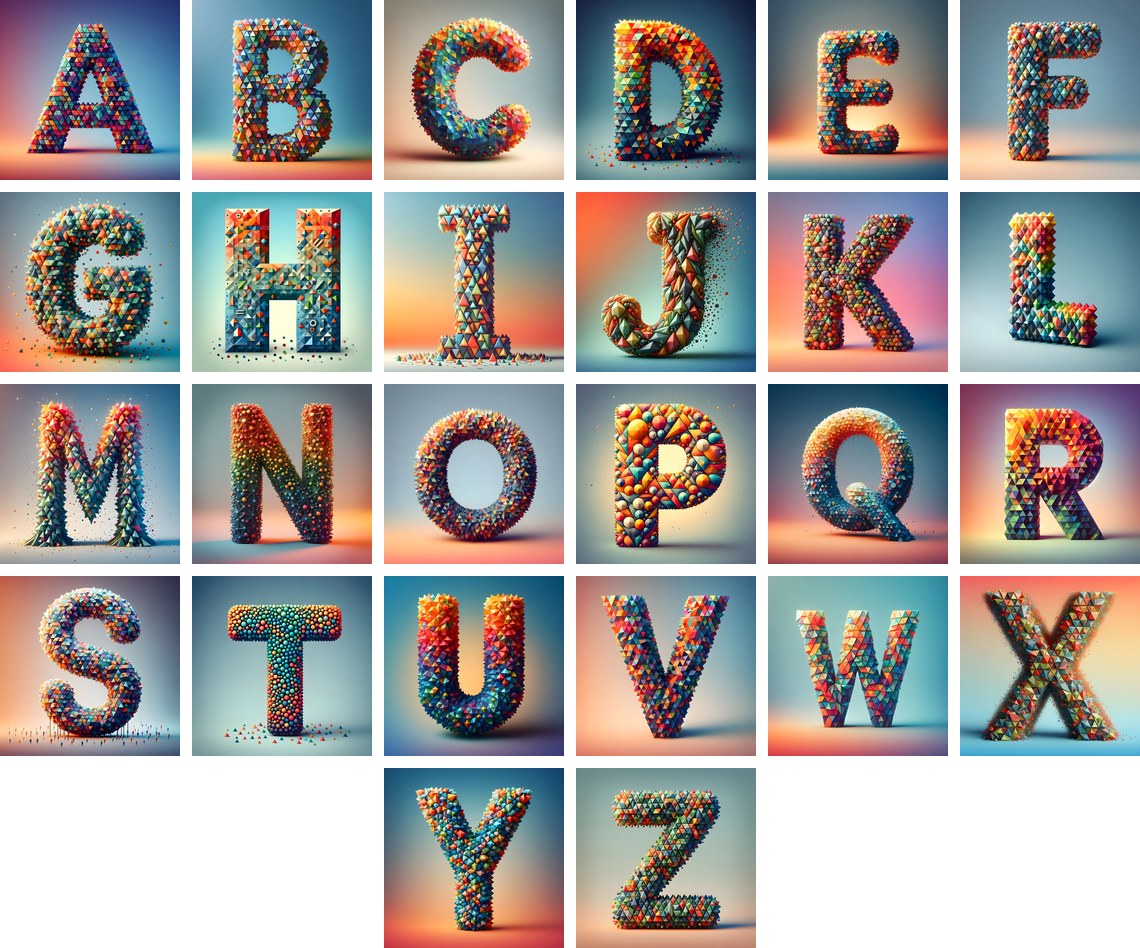 Geometric Confetti Shape alphabet — all 26 letters