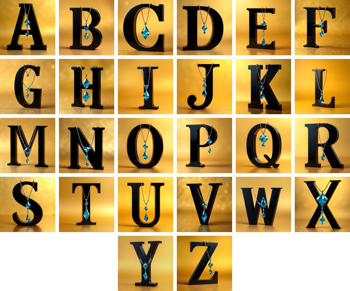Gem Necklace Gold alphabet — all 26 letters