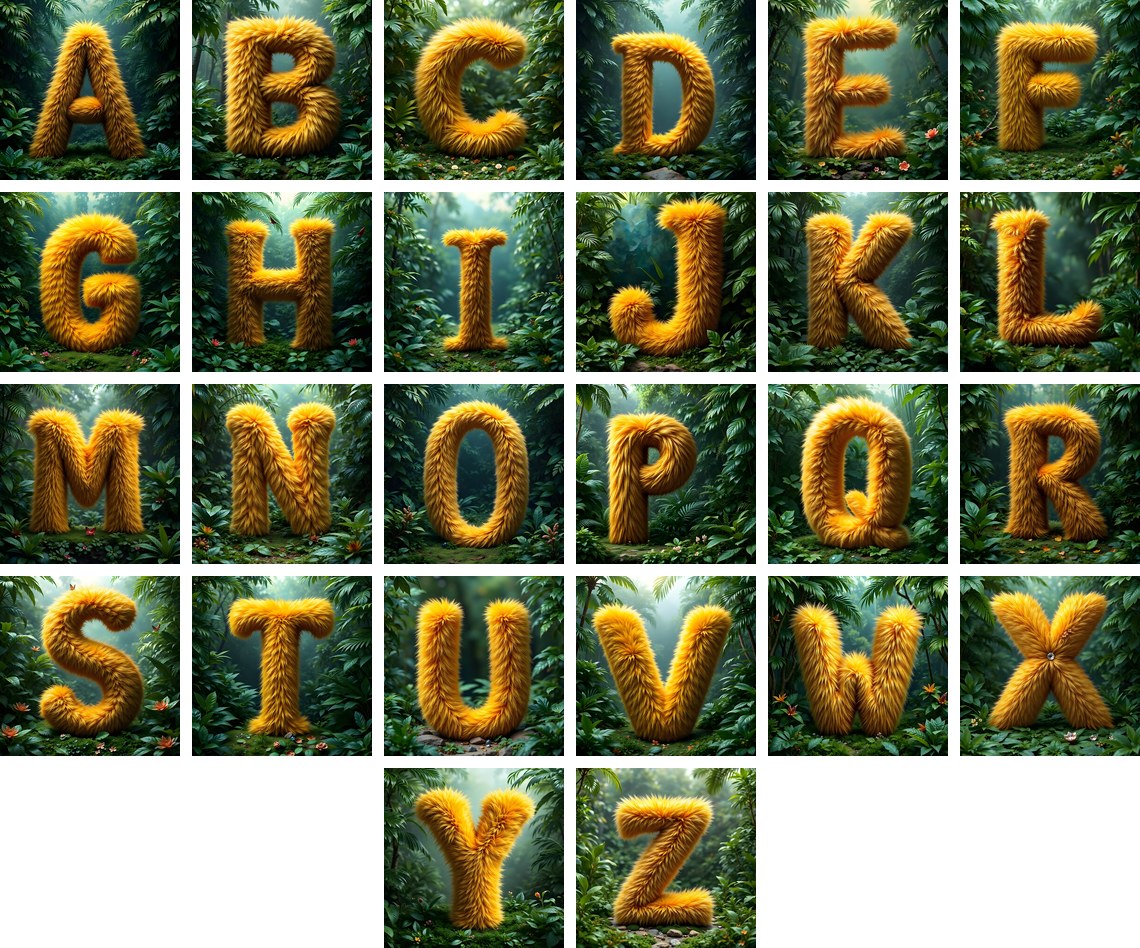 Golden Fur alphabet — all 26 letters