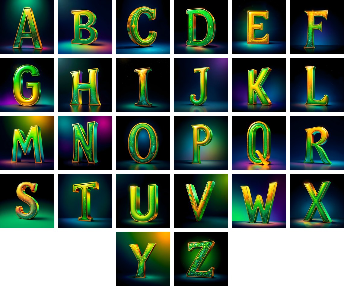 Gold Green Gradient alphabet — all 26 letters