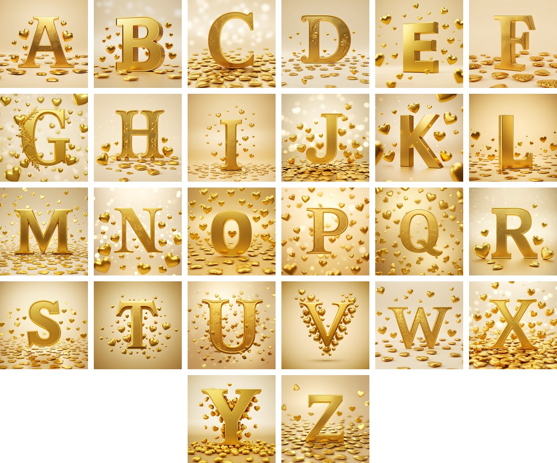 Golden Heart Shimmer alphabet — all 26 letters
