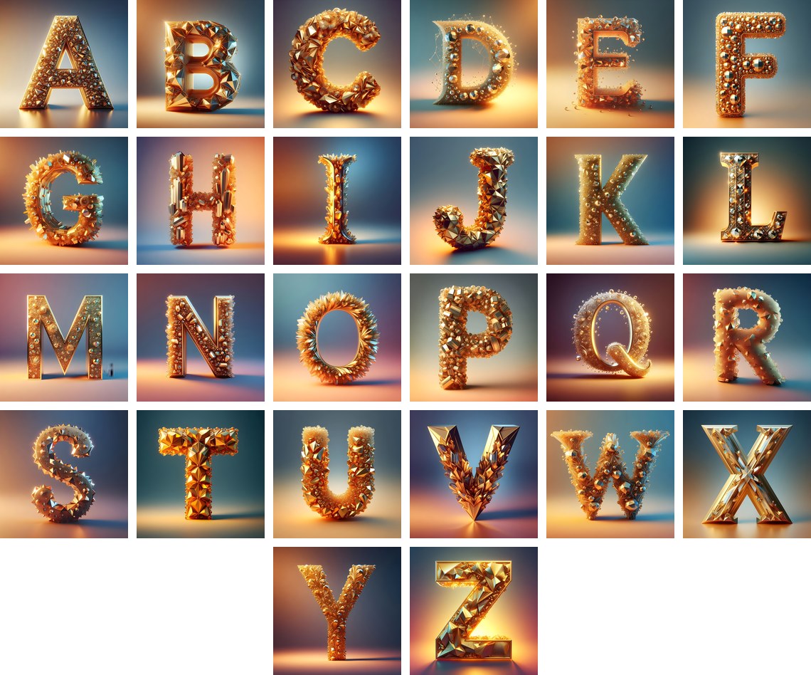 Golden Crystal alphabet — all 26 letters