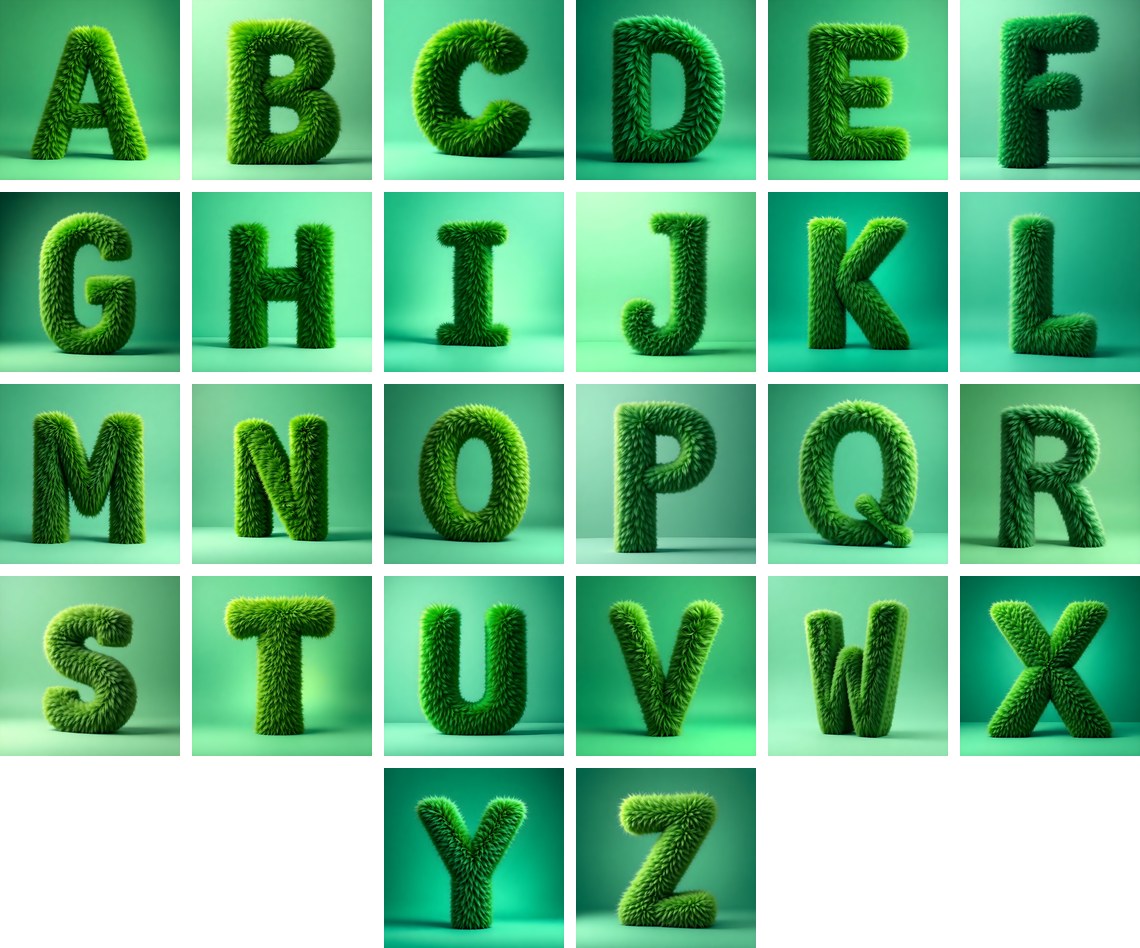 Green Plush Fur alphabet — all 26 letters
