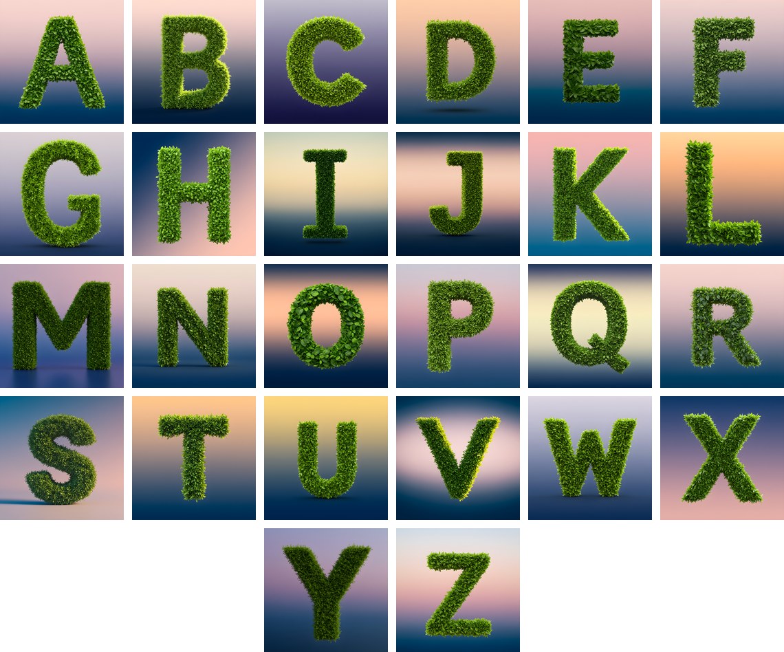 Green Hedge Leaf alphabet — all 26 letters