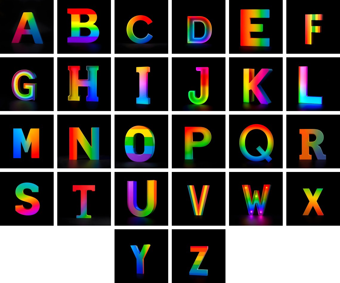 Rainbow Gradient alphabet — all 26 letters