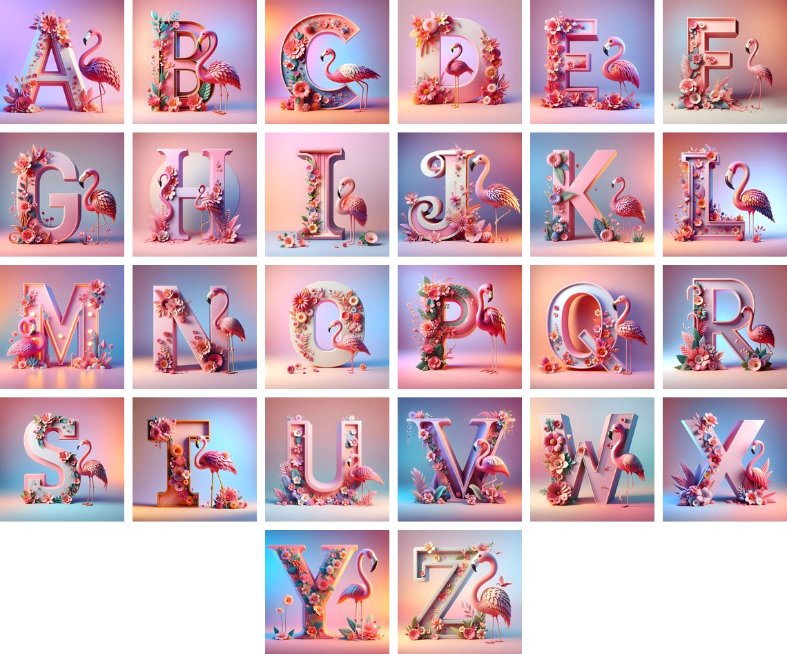 Pink Flamingo Bloom alphabet — all 26 letters