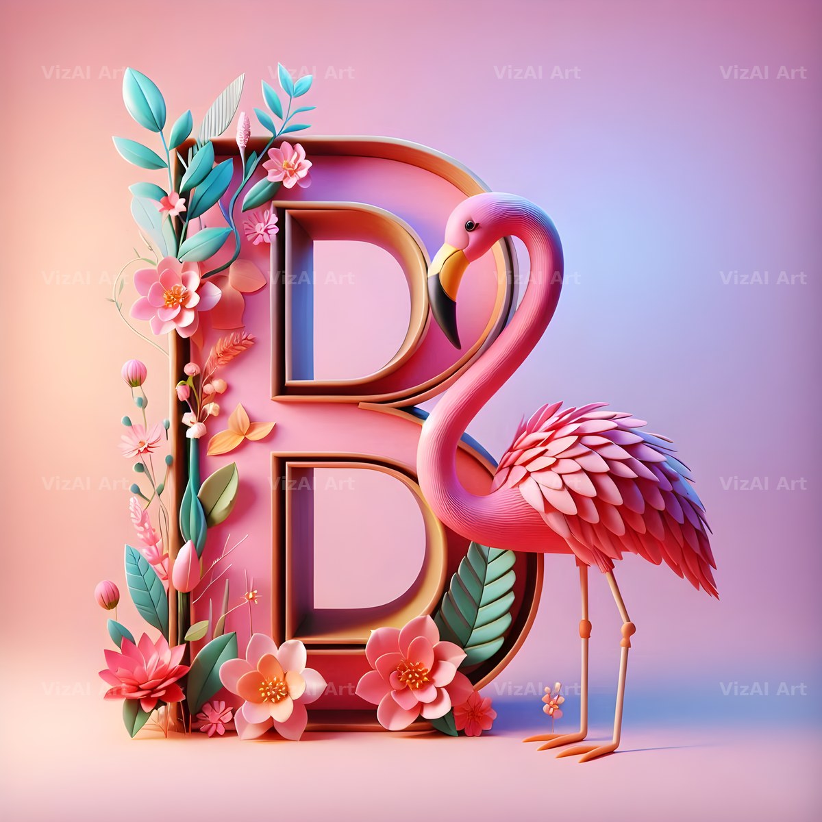 Pink Flamingo Bloom alphabet letter B