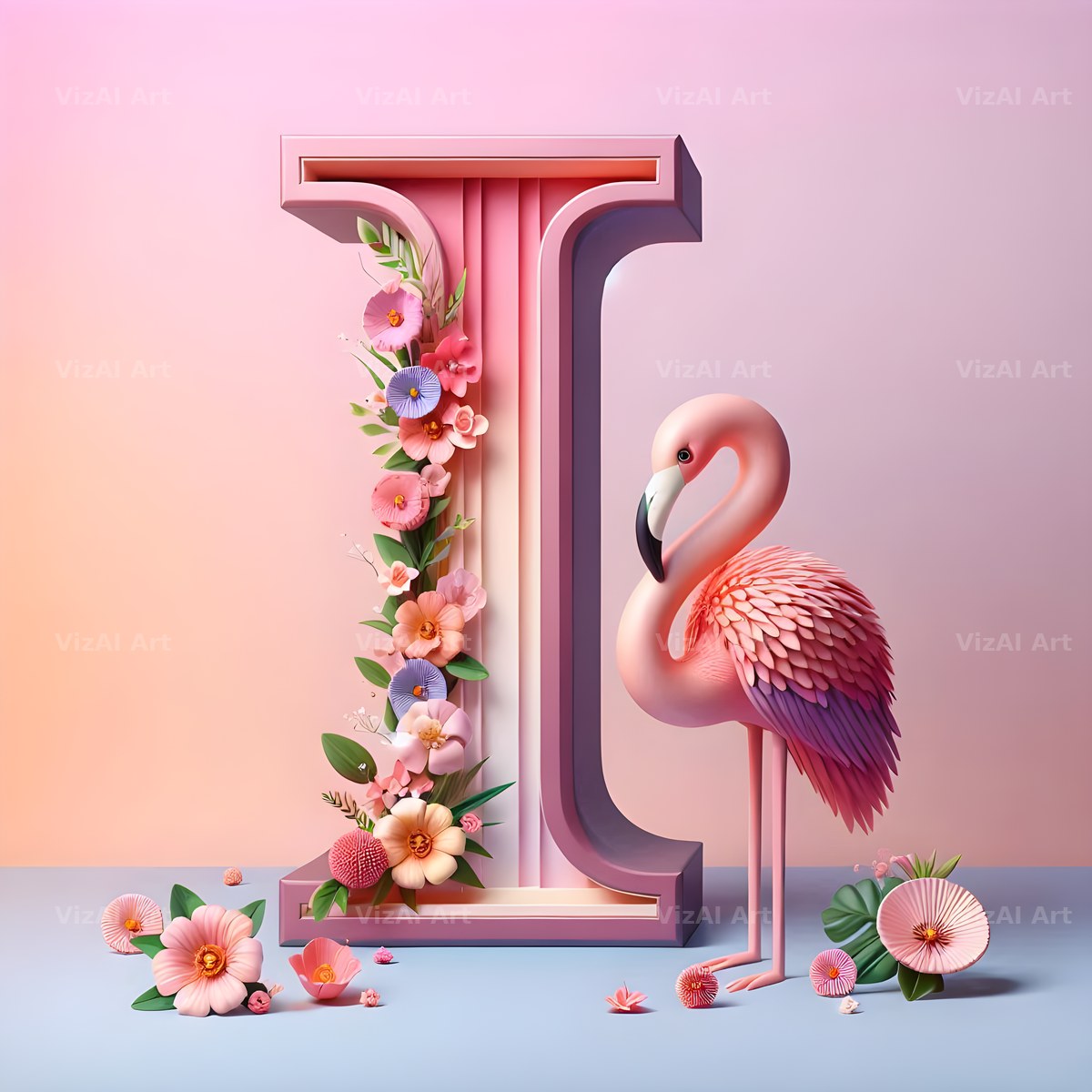 Pink Flamingo Bloom alphabet letter I
