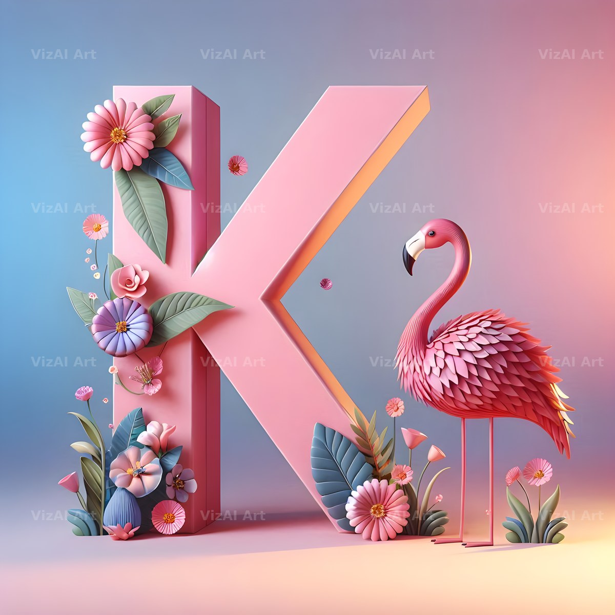 Pink Flamingo Bloom alphabet letter K