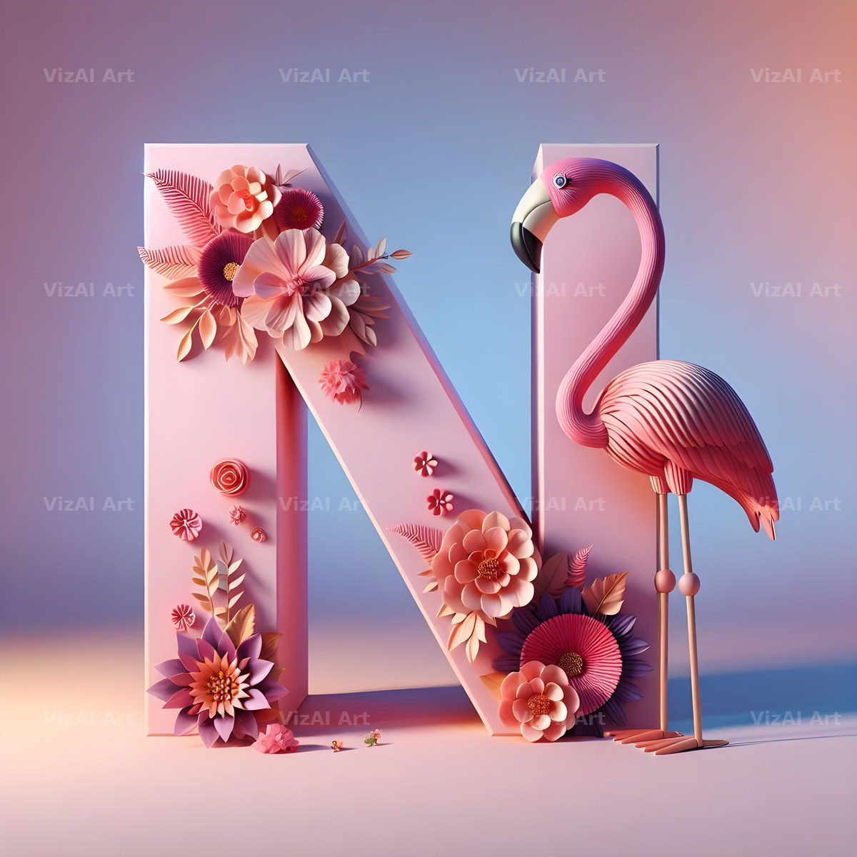 Pink Flamingo Bloom alphabet letter N