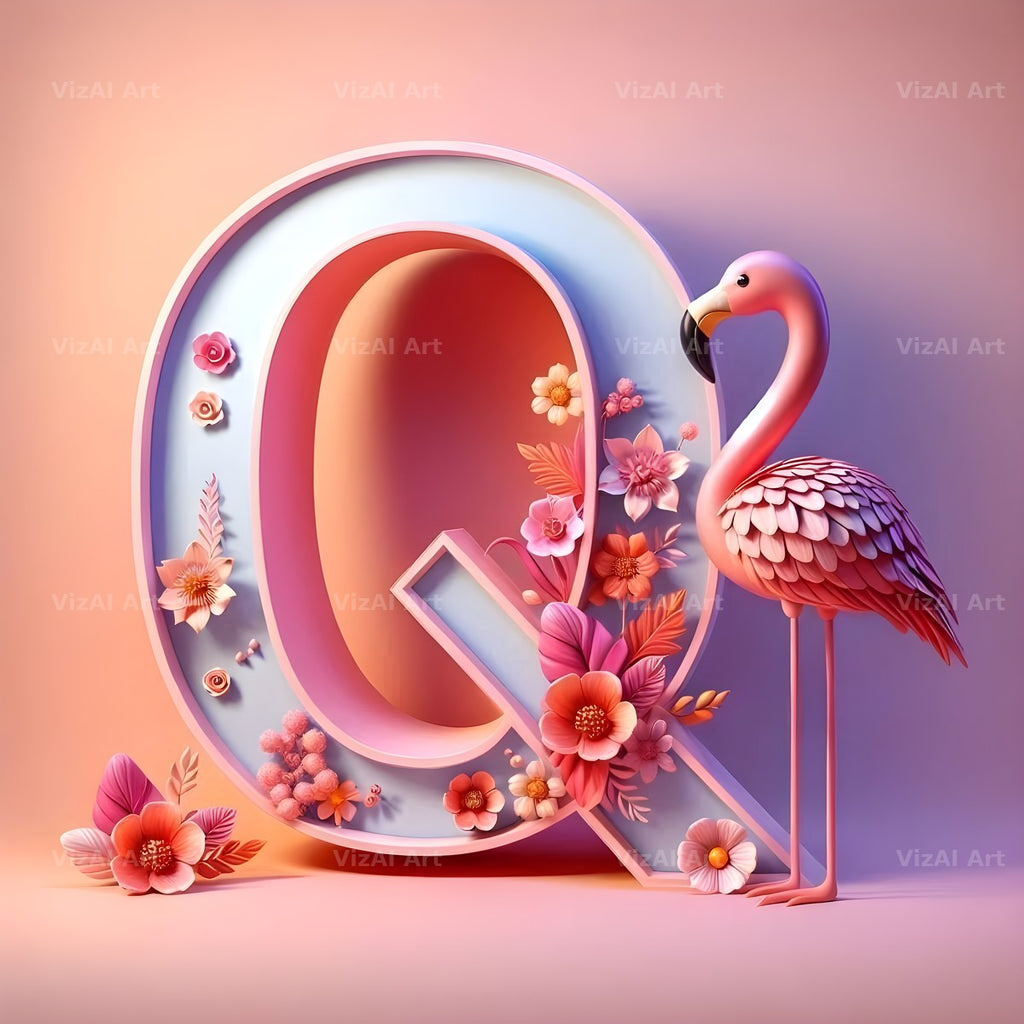 Pink Flamingo Bloom alphabet letter Q
