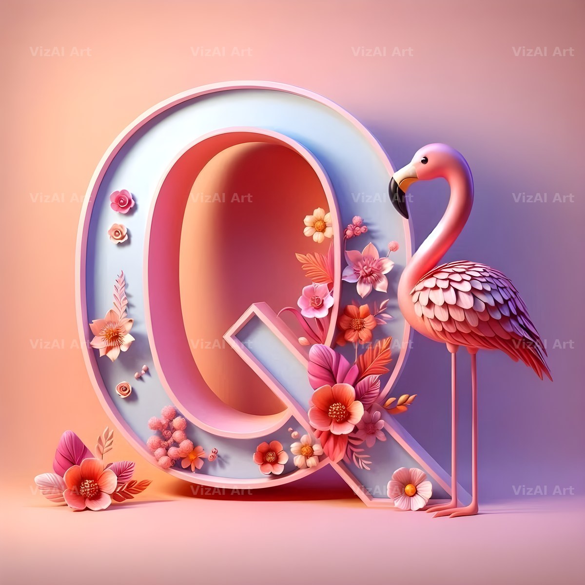 Pink Flamingo Bloom alphabet letter Q