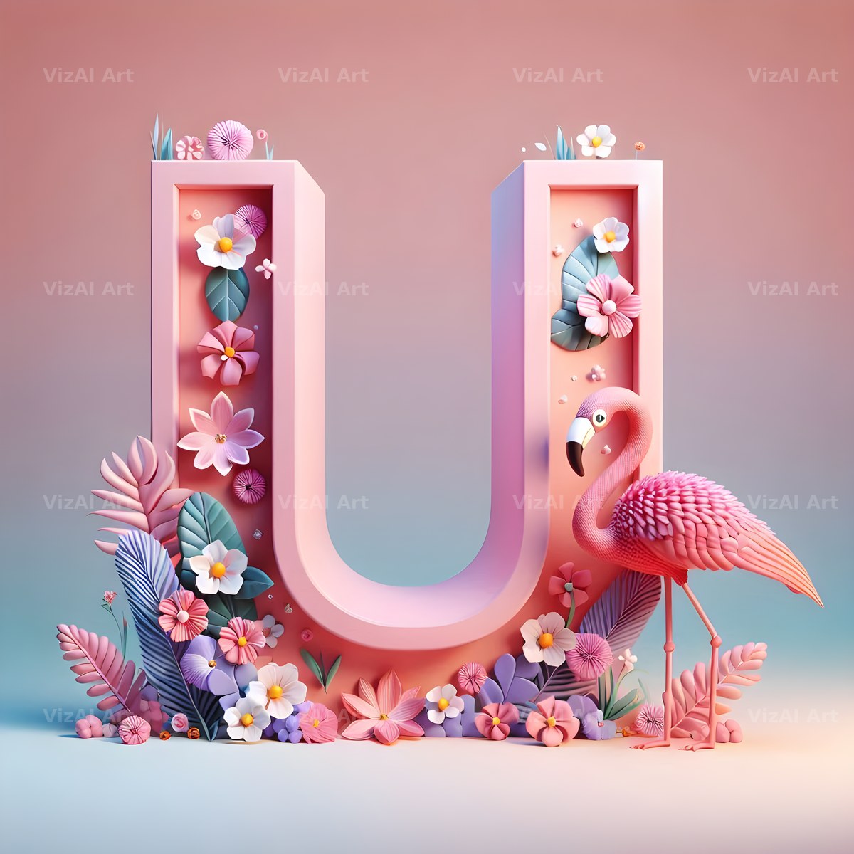 Pink Flamingo Bloom alphabet letter U