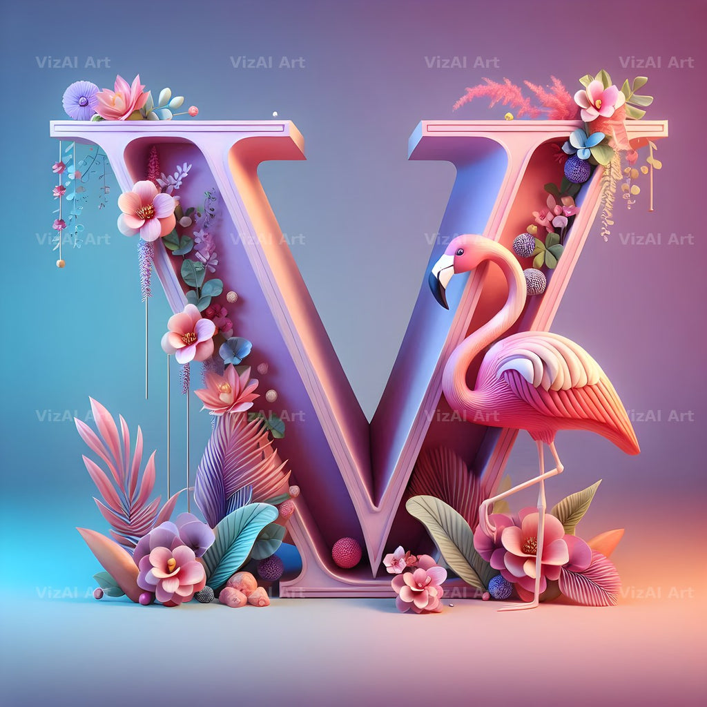 Pink Flamingo Bloom alphabet letter V