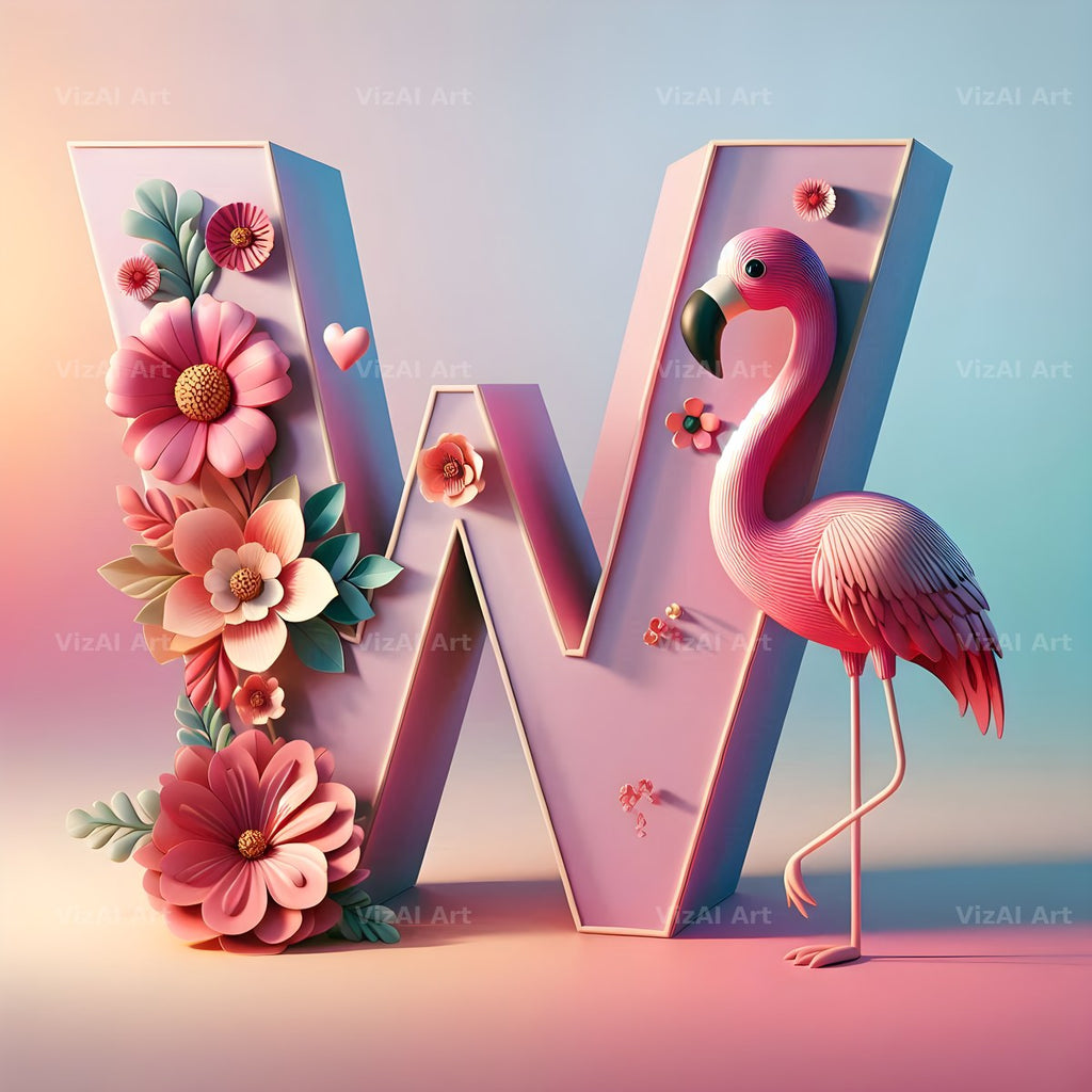 Pink Flamingo Bloom alphabet letter W