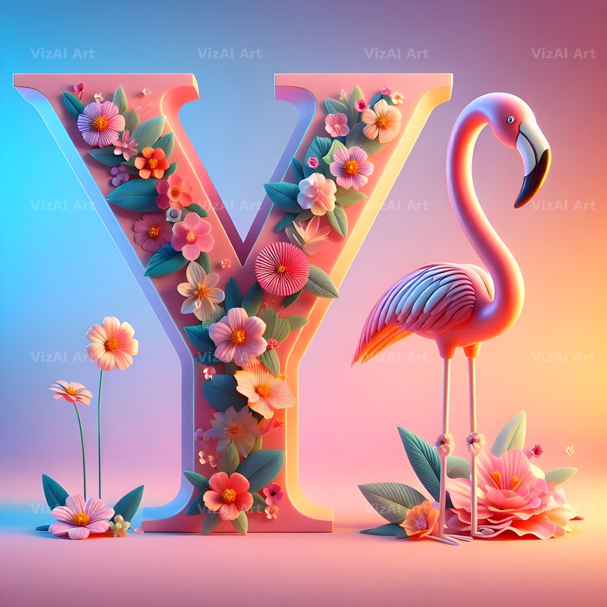 Pink Flamingo Bloom alphabet letter Y